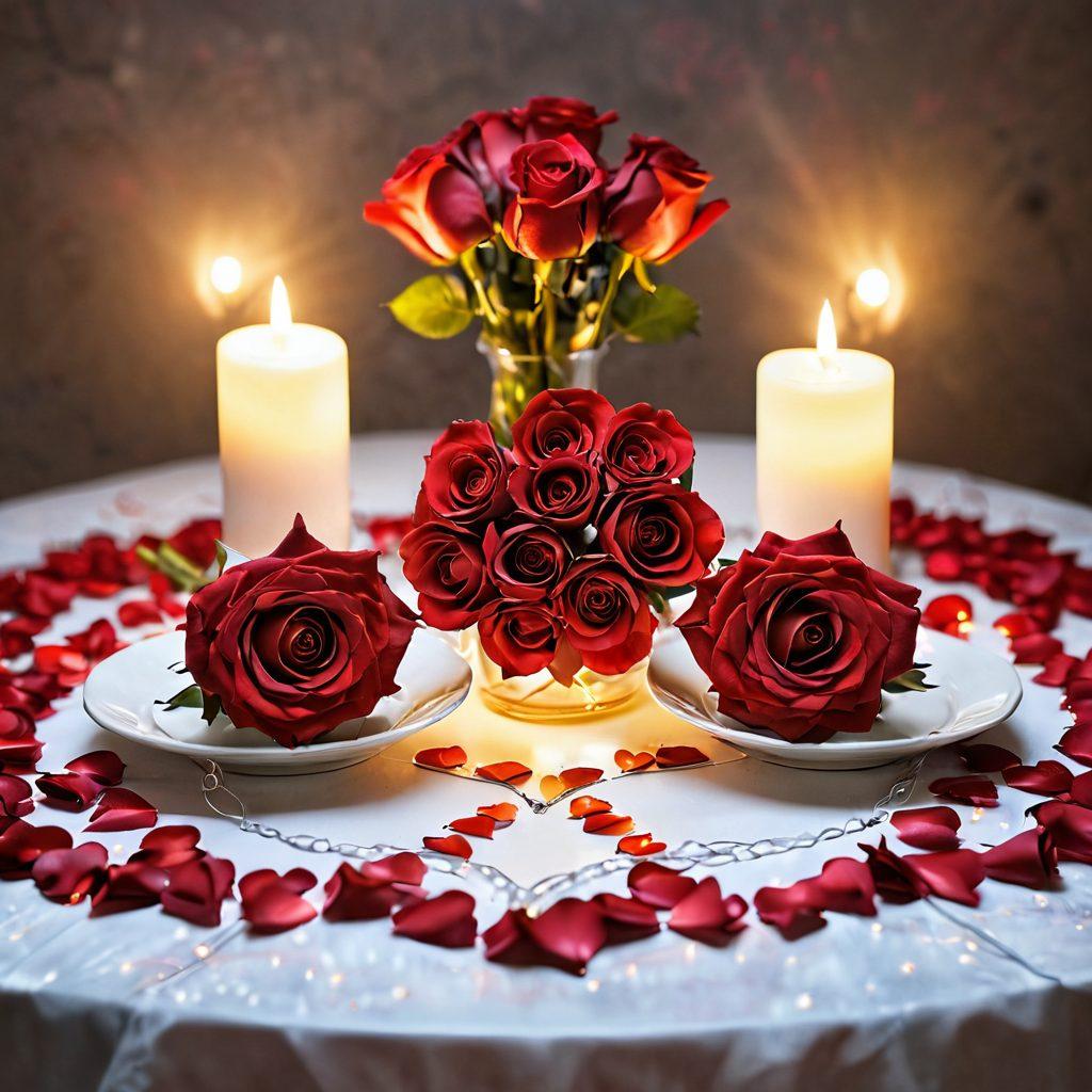 A cozy candlelit dinner table set for two, adorned with soft rose petals and fairy lights. In the background, a heart-shaped bouquet of red roses is placed, symbolizing love and togetherness. A pair of intertwined hands rests on the table, showcasing a romantic connection. The ambiance is warm and inviting, evoking feelings of intimacy and affection. vibrant colors. super-realistic.