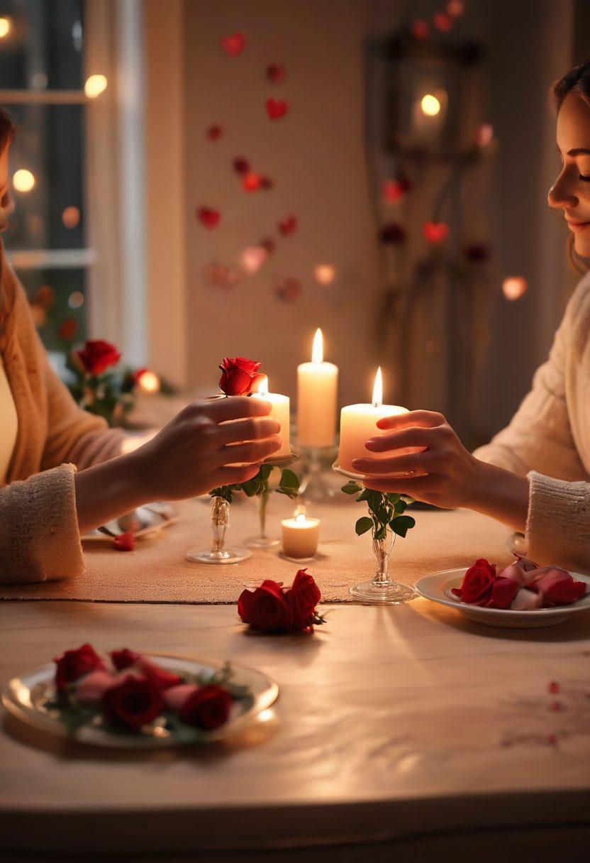 A cozy, candle-lit dinner table set for two, with soft, warm lighting creating a romantic atmosphere. Include a bouquet of roses and two intertwined hands reaching for each other across the table, symbolizing connection. In the background, faint silhouettes of hearts softly glowing enhance the romantic vibe. super-realistic. warm tones. soft focus.