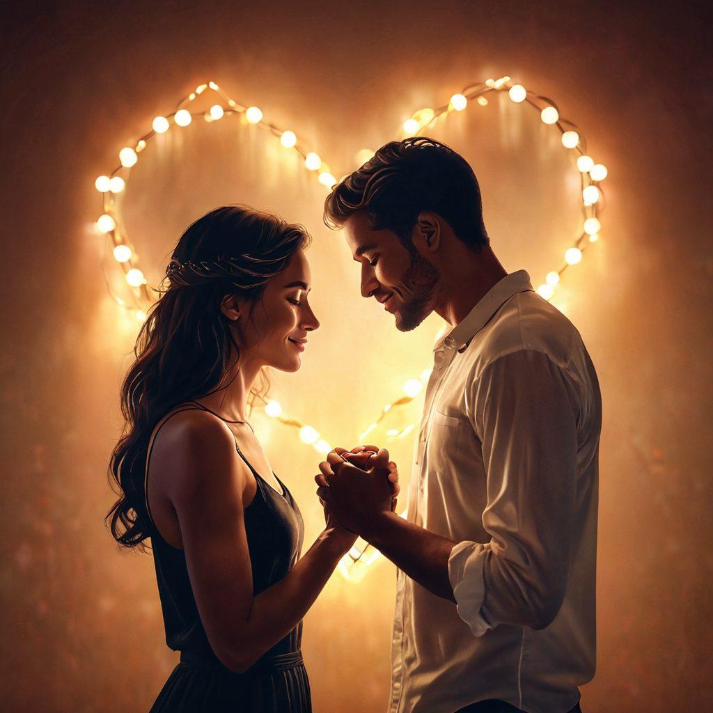 A romantic scene depicting a couple sharing a heartfelt moment, surrounded by soft glowing lights, symbolizing emotional connection. Incorporate elements like intertwined hands and floating heart shapes in the background. Use a warm color palette to evoke intimacy and affection. super-realistic. vibrant colors. soft focus.
